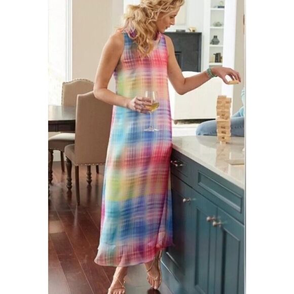 Soft Surroundings “Carnevale” Rainbow Print Cowl-Neck Maxi Dress, MOD | M | EUC - Picture 1 of 7